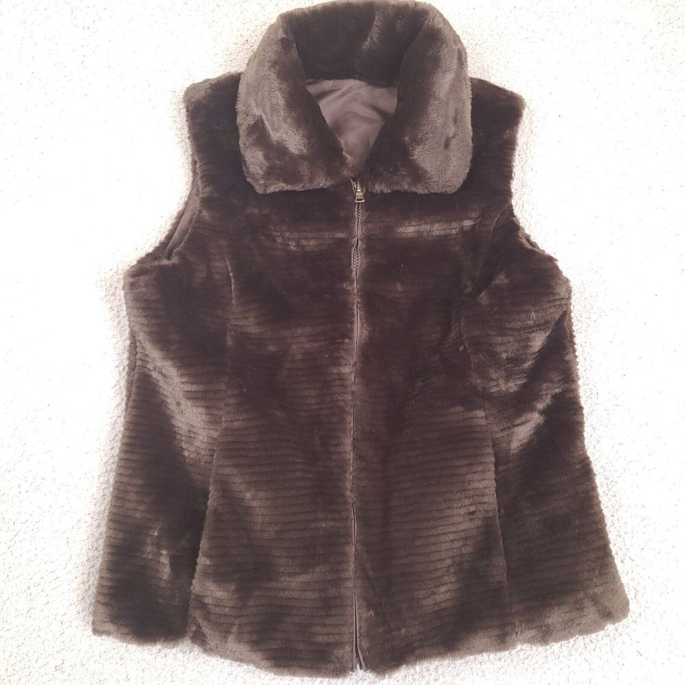 Liz Claiborne Vest Jacket Womens Medium Brown Reversible Faux Fur Sweater